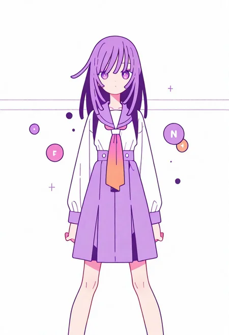 Flatline, Flat vector illustration, looking at viewer, full_body,
nadeko, long hair, long bangs, school_uniform, sailor,
slim, slender, knees,
from front, front view, straight-on, look at viewer, standing, (legs apart:1.4),
white background,