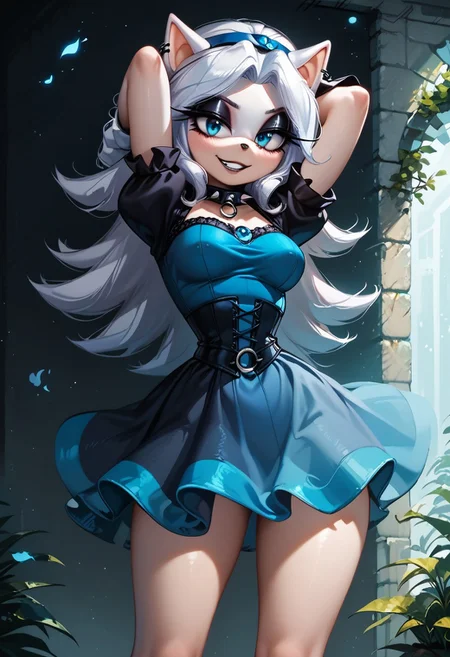 score_9, score_8_up, score_7_up, score_6_up, g0thicPXL, 1girl, 1girl, solo, goth girl, maria_robotnik, sonic_(series), hedgehog_girl, eyeliner, eyeshadow, blue eyes, long pale white hair, blue_hairband, black lips, seductive smile, pretty face, spiked collar, white_gloves, blue_dress, medium skirt, shoes, blue_footwear, sexy pose, smile, grin, cute, sexy pose, lewd expression, wide hips, medium breasts, standing, back, arms behind her head, posing, goth