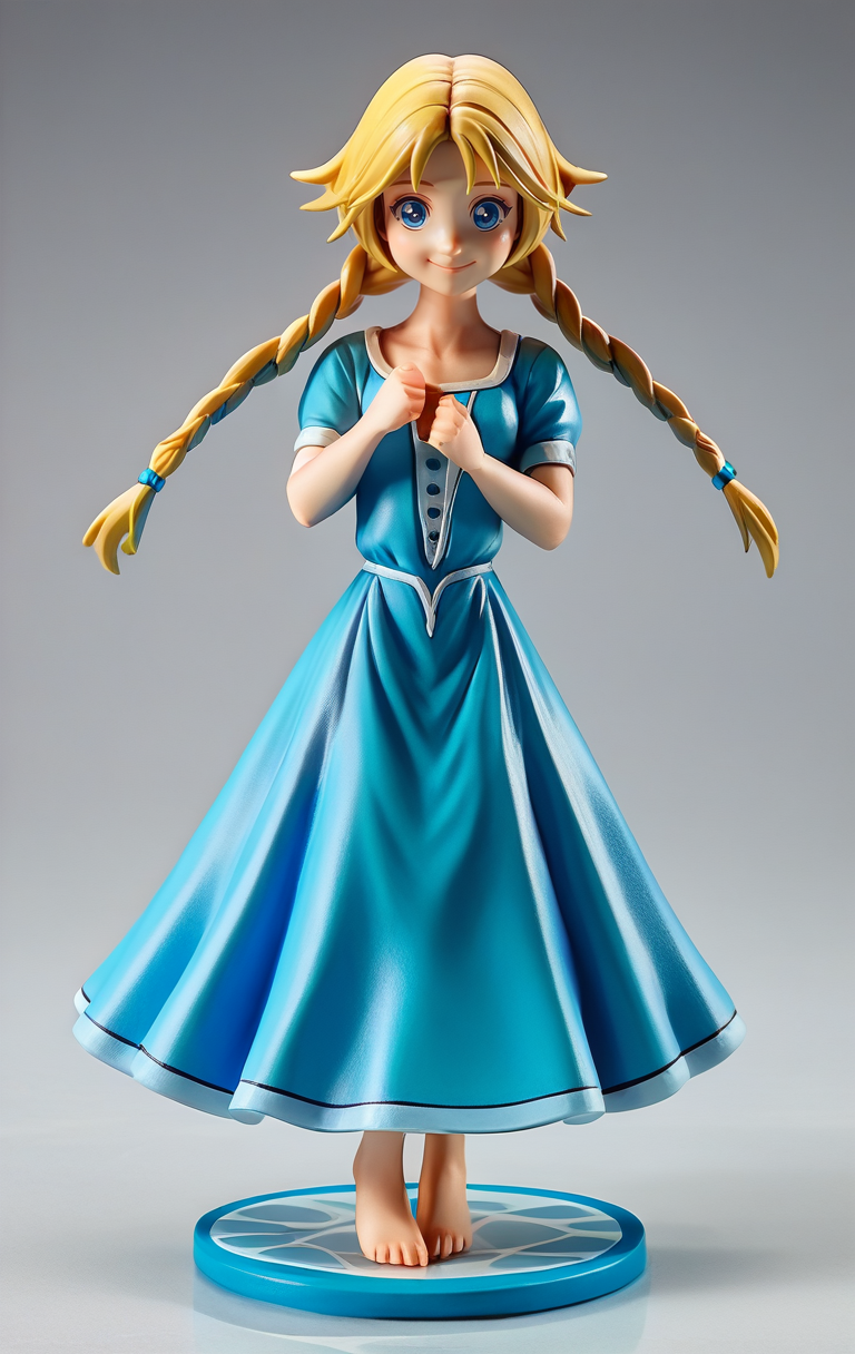 score_9, score_8_up, score_7_up, 1girl, looking at viewer, full body, dynamic pose, cute, solo, dutch angle, simple background, smile, :D, detailed background, shy pose, wide shot,
<lora:WitchElyonBrown_character:0.8>, ElyonBrown, twin braids, blonde hair, long hair, blue eyes, dress,  <lora:Anime_Figure_P1:1> figure,,