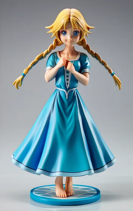 score_9, score_8_up, score_7_up, 1girl, looking at viewer, full body, dynamic pose, cute, solo, dutch angle, simple background, smile, :D, detailed background, shy pose, wide shot,
<lora:WitchElyonBrown_character:0.8>, ElyonBrown, twin braids, blonde hair, long hair, blue eyes, dress, <lora:Anime_Figure_P1:1> figure,,