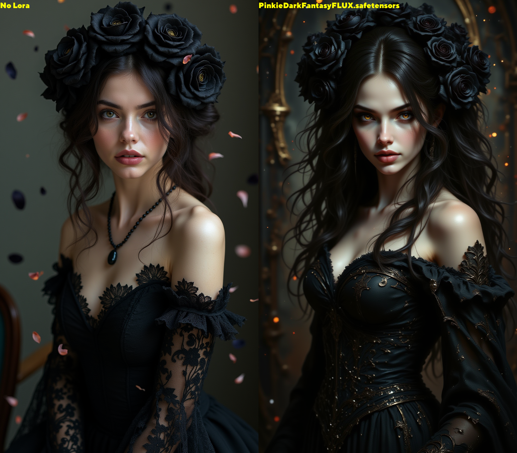 pinkdarkfantasy,  A woman with black roses in her hair and a dark lace dress, surrounded by glittering petals falling gently around her.