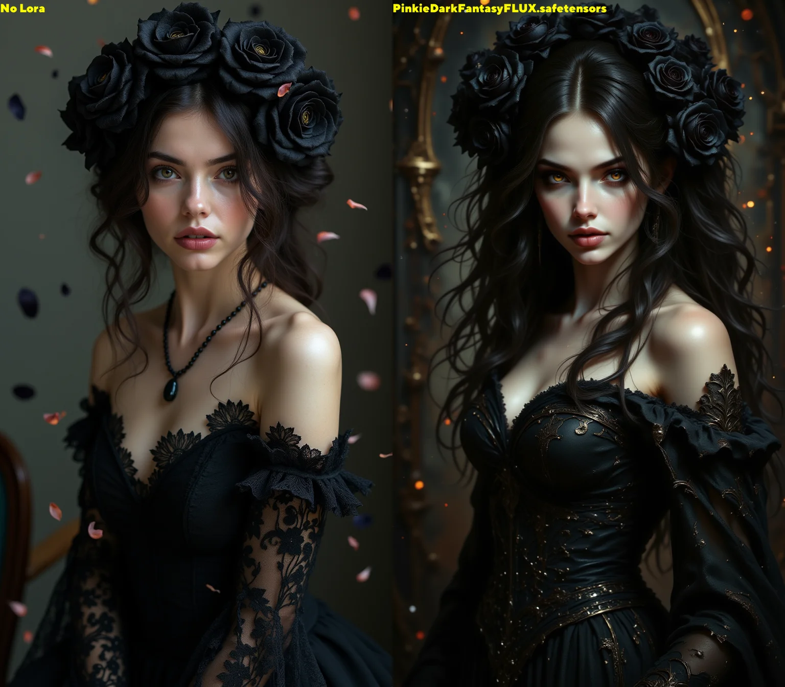 pinkdarkfantasy, A woman with black roses in her hair and a dark lace dress, surrounded by glittering petals falling gently around her.