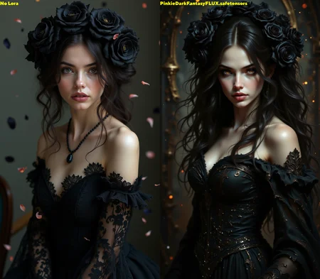 pinkdarkfantasy, A woman with black roses in her hair and a dark lace dress, surrounded by glittering petals falling gently around her.
