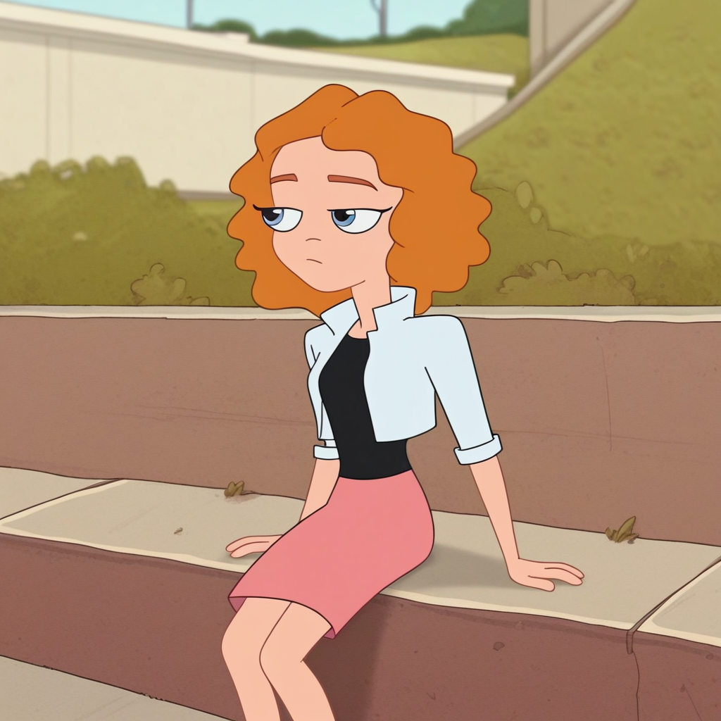 score_9, solo, melissa, brown hair, blue eyes, black shirt, pink skirt, jacket, outdoors, sitting