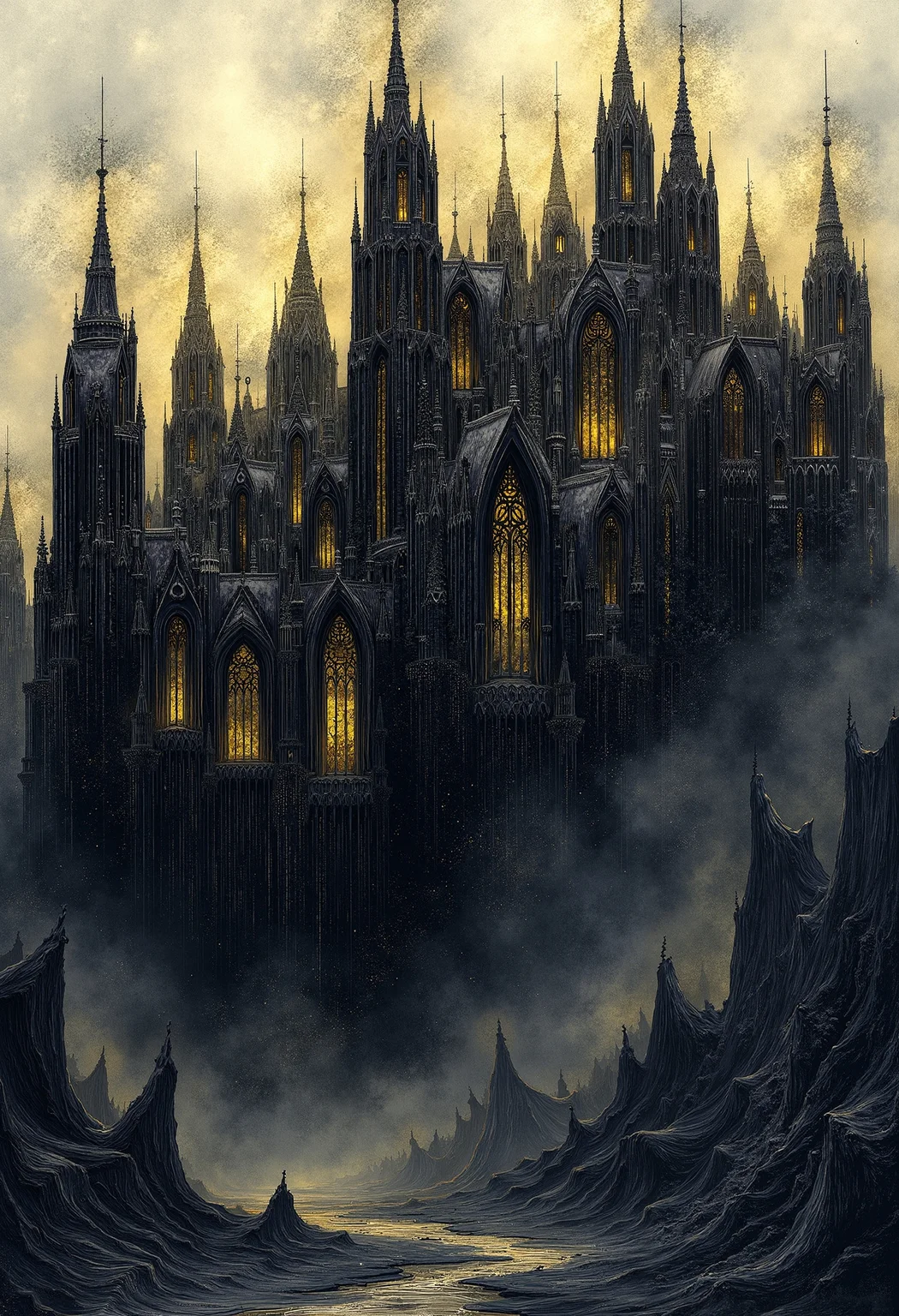 pst006, A dramatic gothic cathedral surrounded by a gloomy landscape, intricate architectural details, dark and moody lighting with cold tones, dusk with soft lights, high contrast color scheme