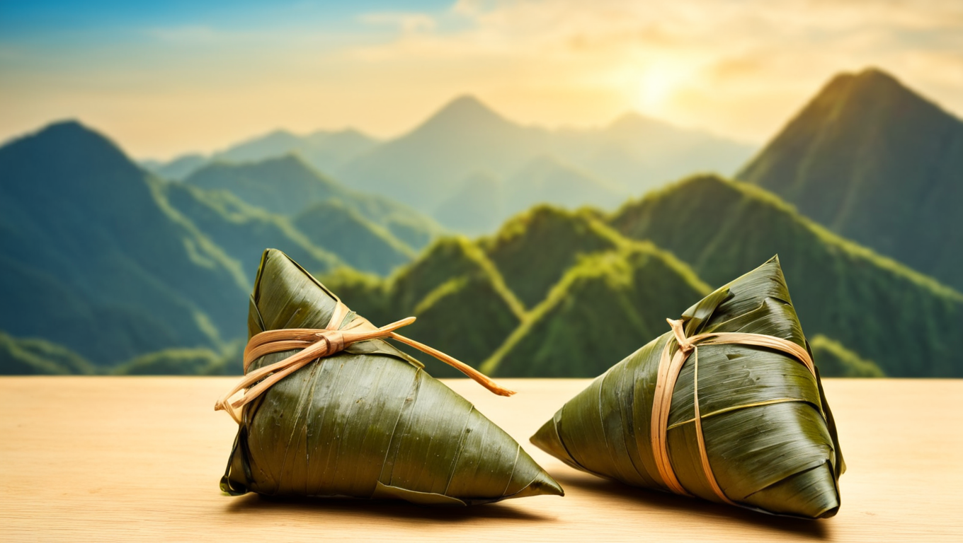zongzi, wooden table, blue sky, mountains faraway <lora:sdxl_zongzi_lora_duanwu_0_300:0.8>, beautiful, hd, 8k, (photographic:1.5), magnificent, grandiose, mac os wallpaper