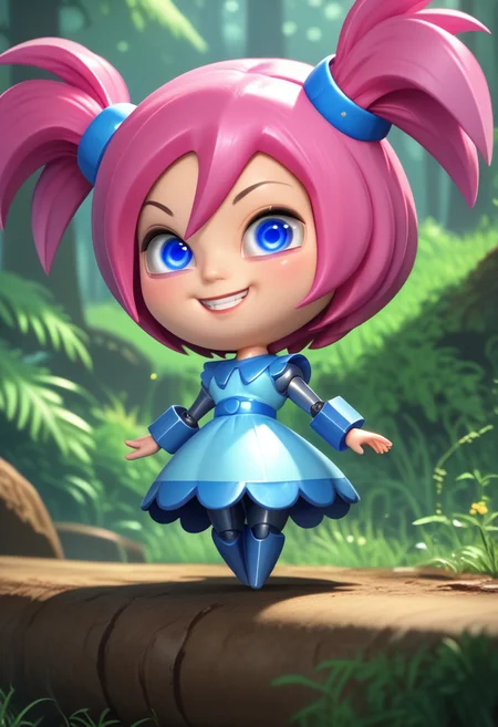 score_9, score_8_up, score_7_up, BREAK Mashuko, 1girl, metallic body, robotic body, pink hair, blue eyes, blue plastic scrunchies, blue-collared long-sleeved light blue dress, blue belt, blue hemline, dark blue tights, full body, solo, solo focus, alone, smiling at viewer, anime, source_anime, forest outoors, forest background, chibi,