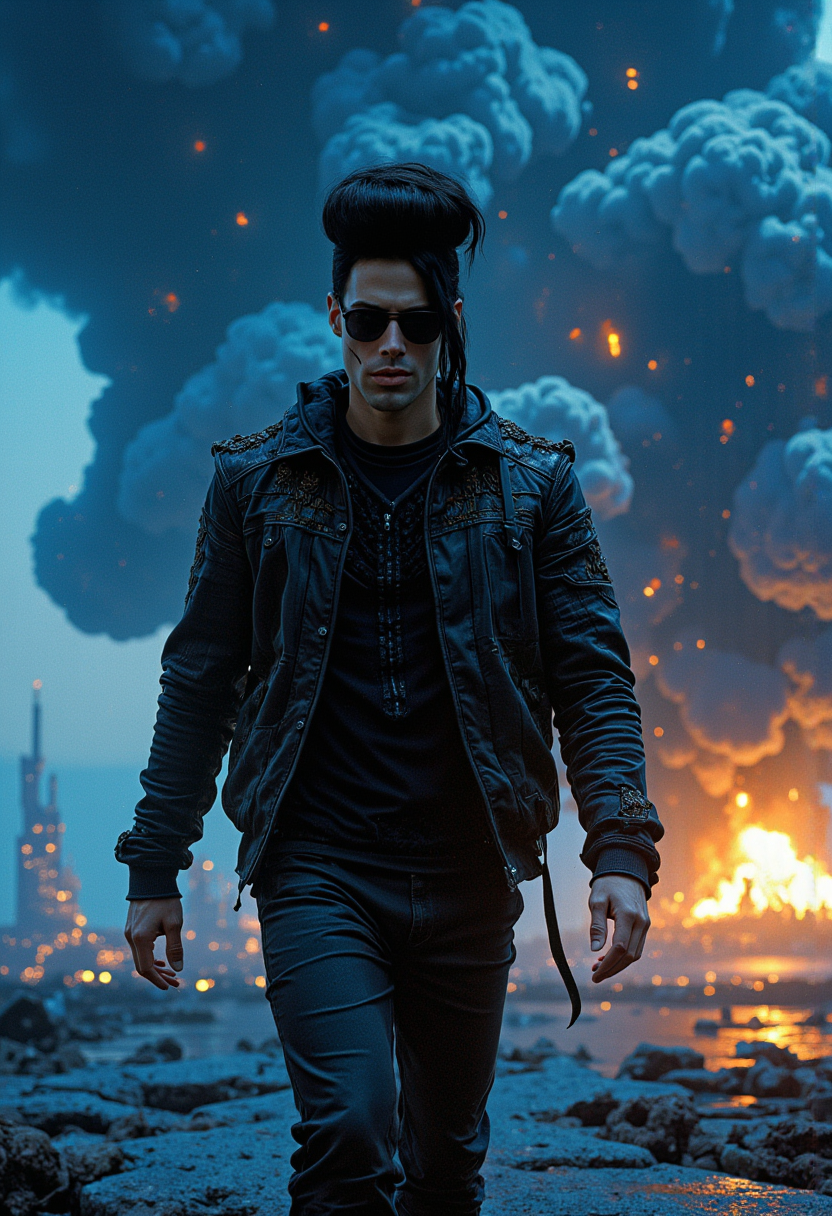 dark fantasy aesthetic. , digital artwork of a futuristic,  , epic.  luminescence, ultra realistic, hyper detailed, soft lighting , (Frank Frazetta), epic scale.
(detailed digital painting, detailed oil painting).

a figure walking toward the viewer while smoking a cigarette, behind them, a huge explosion causes their jacket to push forward, looking at viewer, sunglasses, handsome, movie title: "Action Guy" 
Subtitle: "*explosions are not the responsibility of action guy". . ,.

masterpiece, best quality, medium-format camera,  high-contrast, dramatic lighting, striking composition,  

The background is minimalist, a gradient of shadowy blue tones, amplifying the ethereal and futuristic ambiance of the scene. The overall composition feels cinematic, blending high fashion with a science fiction aesthetic. . Exquisite cyberpunk. retroFuturism.Frank Frazetta,
..razum  
 .

 An otherworldly atmosphere.
(Depth of field), low saturation,detail. mythp0rt Stylish, charismatic. ,.
masterpiece,   ,KNRm,  
,

Otherworldly atmosphere. aidmamj6.1
(Depth of field), low saturation,detail. mythp0rt, Stylish, charismatic


