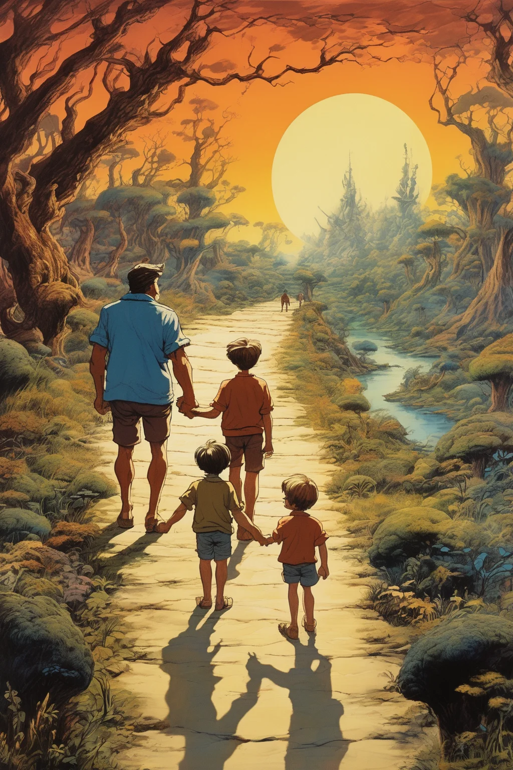 Josh Kirby Style - in the style of ralph bakshi, a father and his boy hold hands walking a path toward a surreal world of adventure