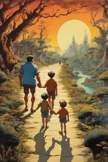 Josh Kirby Style - in the style of ralph bakshi, a father and his boy hold hands walking a path toward a surreal world of adventure
