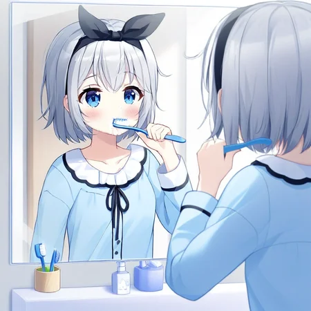 looking at mirror, out of frame, solo focus, 1girl, blue eyes, short hair, toothbrush, brushing teeth, pajamas, hairband, black hairband, bangs, white hair, shirt, collarbone, long sleeves, upper body, blush, blue shirt, holding, grey hair, indoors, ribbon, black ribbon, hair ribbon