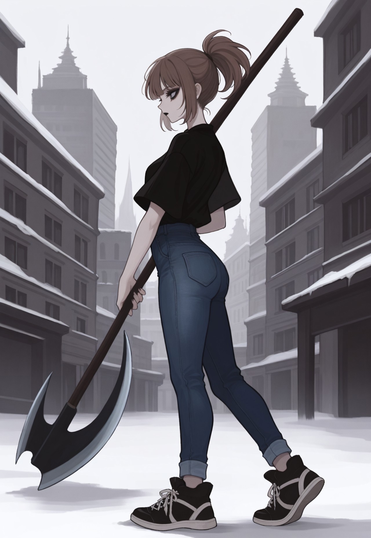 detailed, ethereal, intricate details, vibrant colors, soft lines, soft brush strokes, dreamy, from side, dynamic scene, dynamic pose, 


murky, snow, city, panel buildings, concrete buildings, monsters, 

holding_axe, battleaxe, weapon over own shoulder, standing, 

1girl, black makeup, extensive makeup, grey eyes, short brown hair, bangs, short ponytail, high ponytail, black tee, blue jeans, black sneakers,

masterpiece, best quality, very aesthetic, absurdres, newest, 

(masterpiece), best quality,  

masterpiece,best quality,amazing quality, detailed, 
