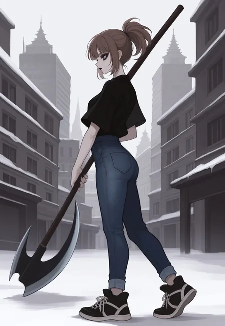 detailed, ethereal, intricate details, vibrant colors, soft lines, soft brush strokes, dreamy, from side, dynamic scene, dynamic pose, 


murky, snow, city, panel buildings, concrete buildings, monsters, 

holding_axe, battleaxe, weapon over own shoulder, standing, 

1girl, black makeup, extensive makeup, grey eyes, short brown hair, bangs, short ponytail, high ponytail, black tee, blue jeans, black sneakers,

masterpiece, best quality, very aesthetic, absurdres, newest, 

(masterpiece), best quality,  

masterpiece,best quality,amazing quality, detailed, 
