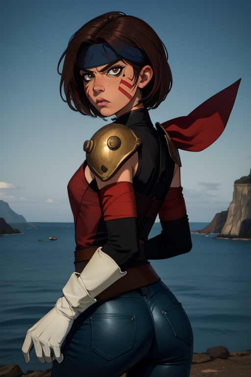 Smellerbee,short brown hair, red facial mark, brown eyes, eyeliner, mean look, ,  toned,  cowboy shot,   looking at viewer,  rear view, ass, 
SmelAtt,dark blue headband,(white gloves),leather chest plate, single shoulder pad, red armband, pants, ,blue pelvic sash  
nighttime, near sea,
(insanely detailed, beautiful detailed face, masterpiece, best quality)  <lora:Smellerbee-10 v3:0.8>,