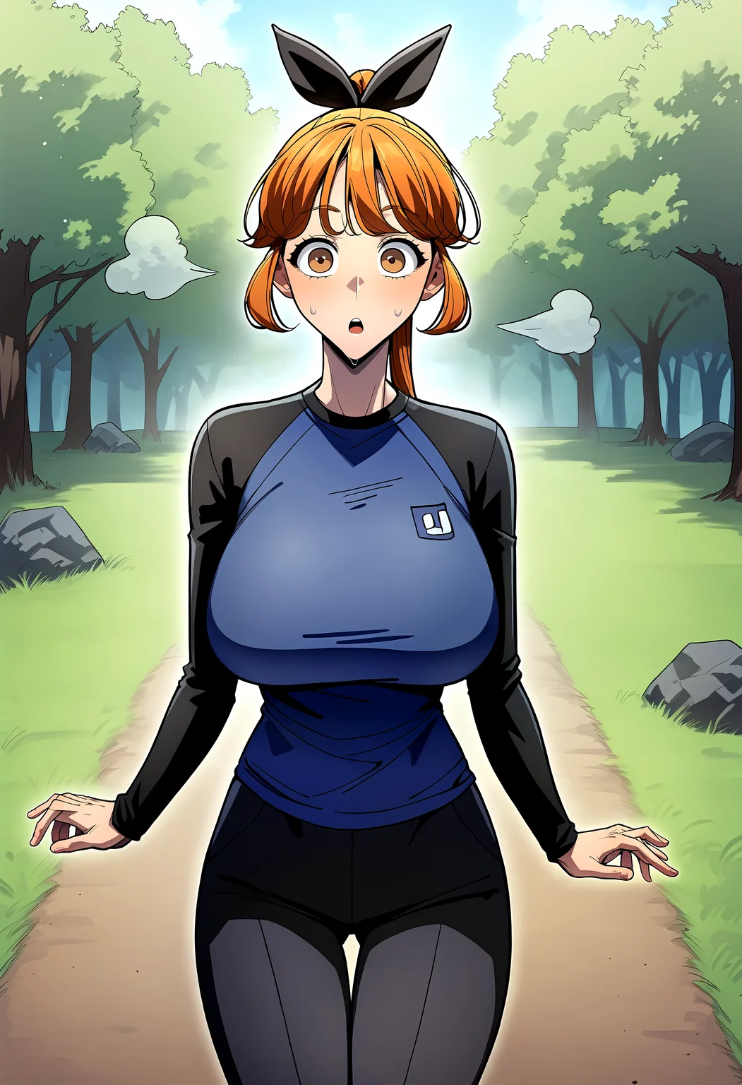 score_9, score_8_up, score_7_up, score_6_up, source_anime, rating_explicit, <lora:neg4all_bdsqlsz_V3.5:2.0>1girl, (solo:1.1), huge breasts, <lora:Lee nayeonponyxl:1> long hair, brown eyes, brown hair, ponytail, orange hair, hair bow, black bow,blue shirt, long sleeves, raglan sleeves, black pants, surprised, Narrow shoulders, sweat, heavy breathing, steaming body, forest, indoor, looking at viewer