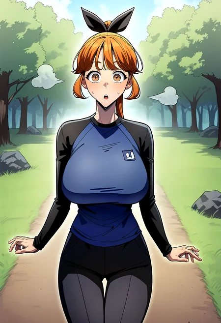 score_9, score_8_up, score_7_up, score_6_up, source_anime, rating_explicit, <lora:neg4all_bdsqlsz_V3.5:2.0>1girl, (solo:1.1), huge breasts, <lora:Lee nayeonponyxl:1> long hair, brown eyes, brown hair, ponytail, orange hair, hair bow, black bow,blue shirt, long sleeves, raglan sleeves, black pants, surprised, Narrow shoulders, sweat, heavy breathing, steaming body, forest, indoor, looking at viewer