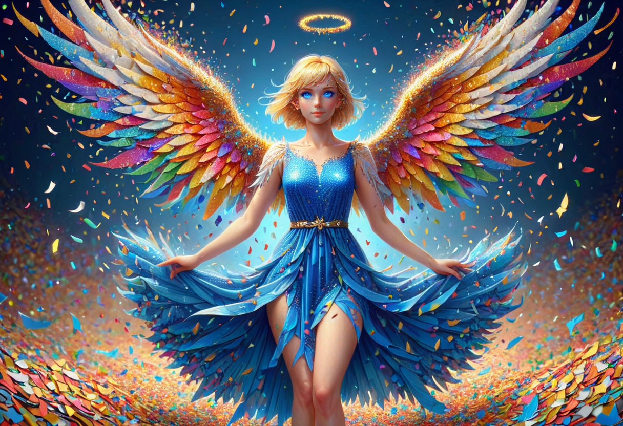 conf3tti,  made of confetti, angel, very short blonde hair, straight hair, spread angel wings, blue eyes, blue dress, vibrant colors, fantasy art, fantasy setting  <lora:Confetti_World_Morph:1>
