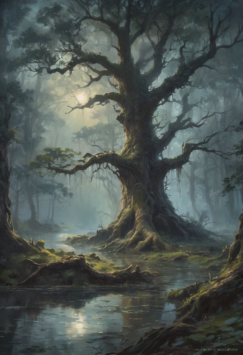 In a dark, magical forest, there is an ancient tree. Mist and smoke swirl through the air, creating an eerie atmosphere. Nearby, a tranquil lake reflects the soft glow of the moonlight, casting a silvery sheen across the water. The dense foliage adds layers of mystery, with twisted branches and gnarled roots.
 romantic impressionism, dream scenery art, beautiful oil matte painting, romantic, beautiful digital painting, anime landscape, romantic painting, dreamlike digital painting, colorful painting, thick brushstrokes characteristic, rough stroke, beautiful gorgeous digital art, style of greg rutkowski, thomas kinkade, janek sedlar, jenny saville