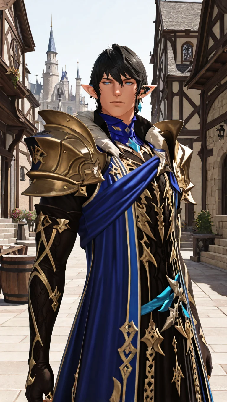 masterpiece,best quality,absurdres,newest,perfect quality,best quality,absolutely eye-catching,detailed background,male focus,solo,realistic,<lora:FFXIV - Aymeric de Borel - Illustrious-000006:0.7>,seraymeric,1boy,elezen,adult male,black hair,short hair,blue eyes,single ear cuff,single earring,blue hooded robe,pauldrons,elbow gloves,outdoors,town,castle