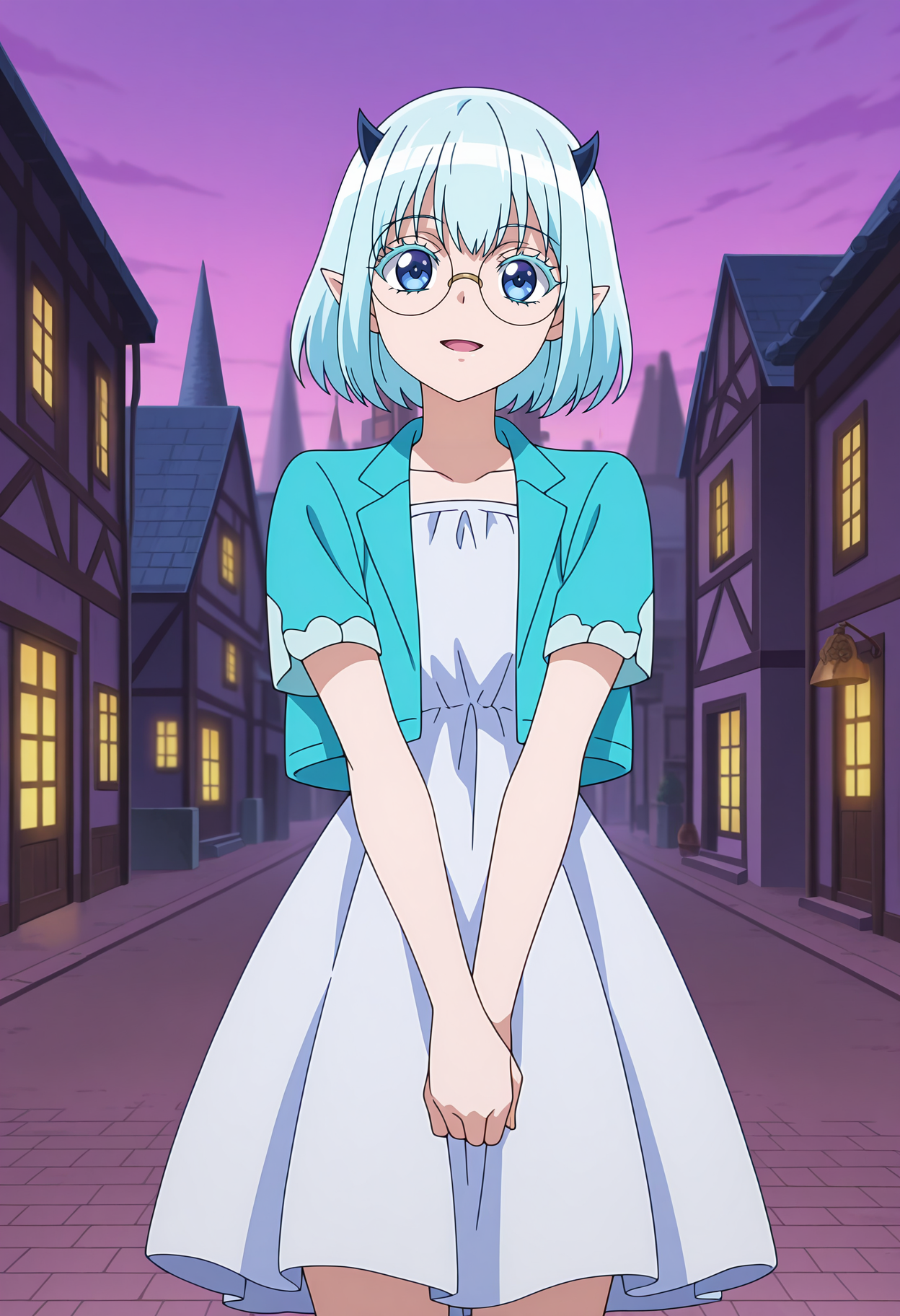 anime screencap, masterpiece, best quality,
<lora:MairimashitaIruma-Kun_CrocellKerori_IlluXL:0.9>,
1girl, solo, open mouth, light smile,
short hair, blue hair, blue eyes, pointy ears, demon horns, colored eyelashes, round eyewear,
cropped jacket, open jacket, blue jacket, white dress, short sleeves, 
v arms, standing, looking at viewer, cowboy shot,
outdoors, purple sky, street, city