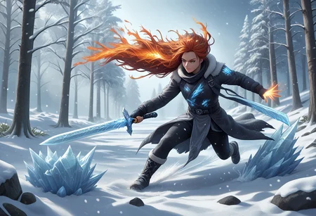 a sword, snow, ice, OverallDetail, glowing fire, lightnings
BREAK
outdoors, falling snow, at day, light particles,