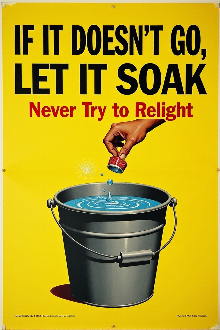 A vintage poster with a simple, direct message. It shows a hand dropping a malfunctioning firework into a bucket filled with water. Bold, black text on a bright yellow background emphatically states: "IF IT DOESN'T GO, LET IT SOAK! Never Try to Relight." Focus on the definitive action for dealing with duds.  <lora:REMEs_War_Poster_Style:0.95> In REME's War Poster Style,âââ