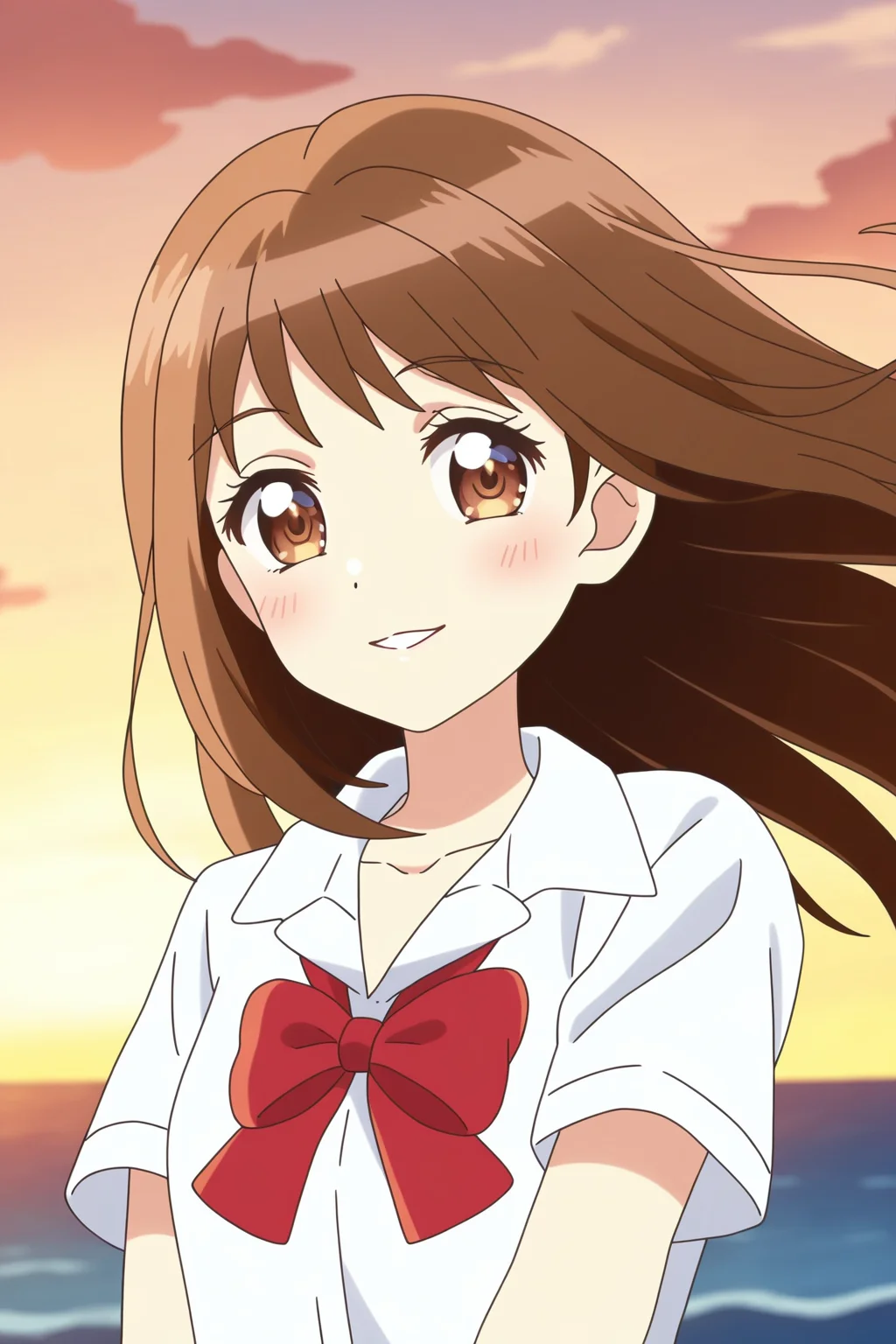 <lora:Tokyo_Mew_Mew_New:1>, Mewmewnew, 1girl, solo, shirt, long hair, looking at viewer, white shirt, upper body, short sleeves, outdoors, brown hair, smile, bow, blush, collared shirt, sky, red bow, bowtie, hand up, red bowtie, collarbone, parted lips, school uniform, cloud, ocean, leaf, sunset, brown eyes, beach, floating hair