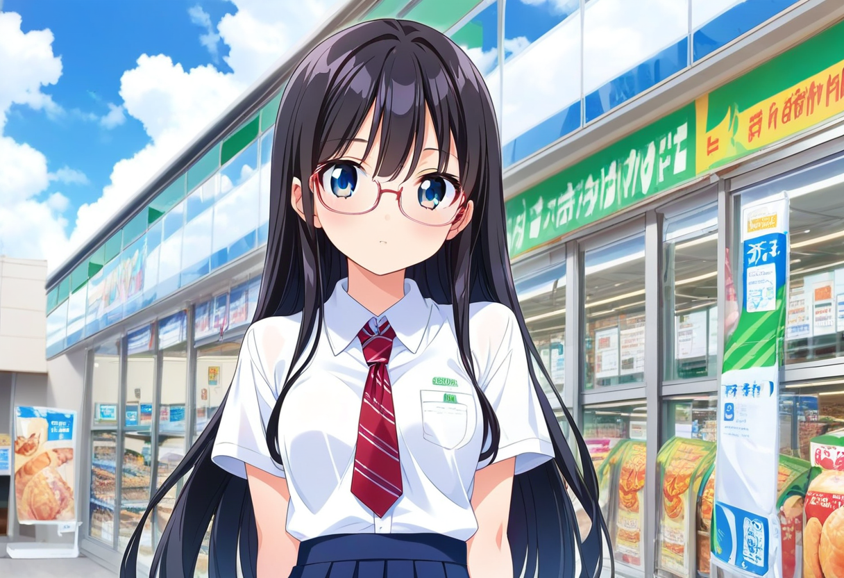 score_9, score_8_up, score_7_up, rating_safe, masterpiece, best quality, absurdres, unity 8k wallpaper, official art, official style, source_anime, uncensored, game cg, megami magazine,
1girl, solo, glasses, black hair, long hair,  collared shirt, red necktie, pleated skirt, blue skirt, looking at viewer, blush, upper body, short sleeves, 
famima, konbini, scenery, storefront, convenience store, shop, scenery, outdoors, sky, cloud, day, blue sky, sign, japan
 <lora:famima_storefront_PONY_V1:1>