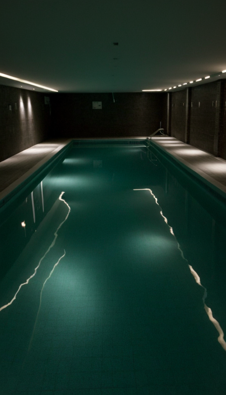 Dark indoors swimming pool, water, tiled, liminal <lora:Liminal_Bor_v3:0.7>