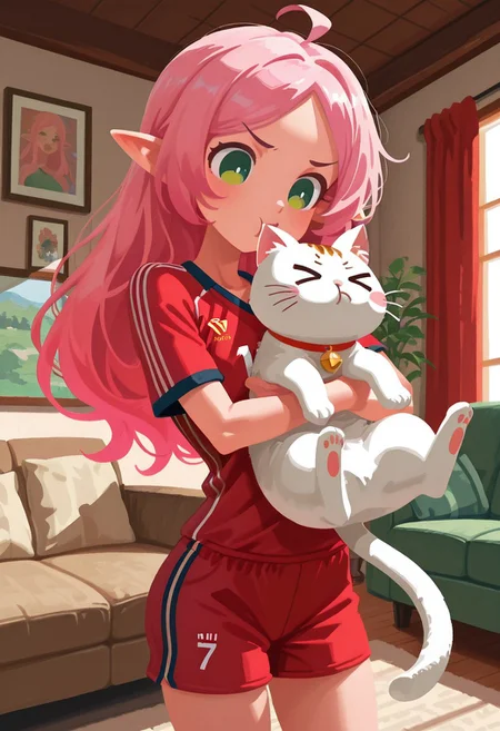 solo,
living room, holding cat, o3o, >_<, happy,
elf girl, skinny, pink hair, green eyes, red soccer jersey,
t4kar4i_illu, no_outlines, no lineart,
masterpiece, best quality, absurdres, [dynamic pose]