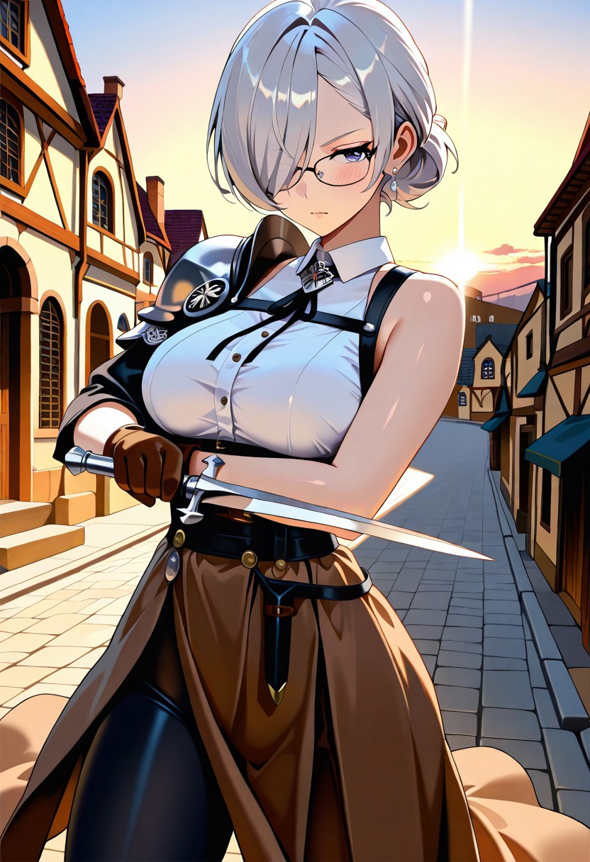 Detailed, Best Quality, Masterpiece, Detailed Eyes, Ultra HD,
,
1girl, Solo, Mature Girl, Color, Silver Hair, , Short Bun Hair, Medium Breasts, Thighs, Dark Blue Eyes, Pupils, Hair Over Eye, Black Glasses, , 
,
White Sleeveless Blouse top, Chest Straps, Silver Shoulder Pauldron, Black Leggings, Short Brown Skirt, White Earrings, Brown Small Gloves, , , ,
,
Old Town Street, Sunrise, Half Body, , , 20 years old, , Looking at, ,, ,,, ,Action Pose, Blush, Serious face, Small Silver Dagger,