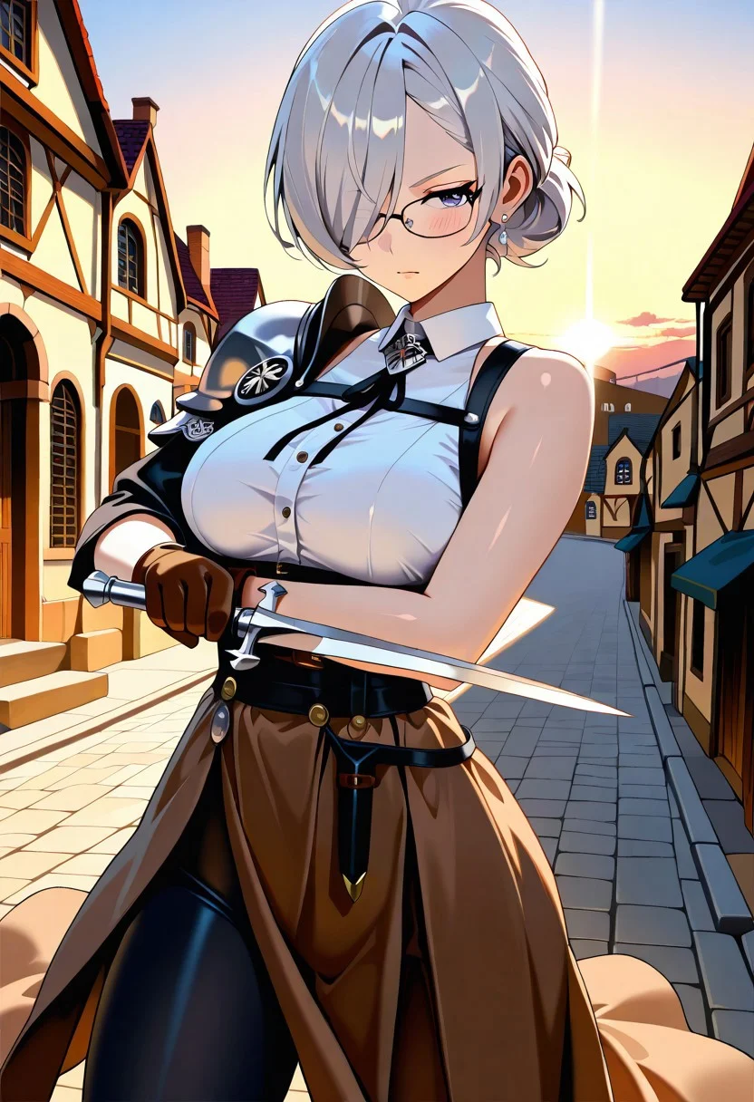 Detailed, Best Quality, Masterpiece, Detailed Eyes, Ultra HD,
,
1girl, Solo, Mature Girl, Color, Silver Hair, , Short Bun Hair, Medium Breasts, Thighs, Dark Blue Eyes, Pupils, Hair Over Eye, Black Glasses, ,
,
White Sleeveless Blouse top, Chest Straps, Silver Shoulder Pauldron, Black Leggings, Short Brown Skirt, White Earrings, Brown Small Gloves, , , ,
,
Old Town Street, Sunrise, Half Body, , , 20 years old, , Looking at, ,, ,,, ,Action Pose, Blush, Serious face, Small Silver Dagger,