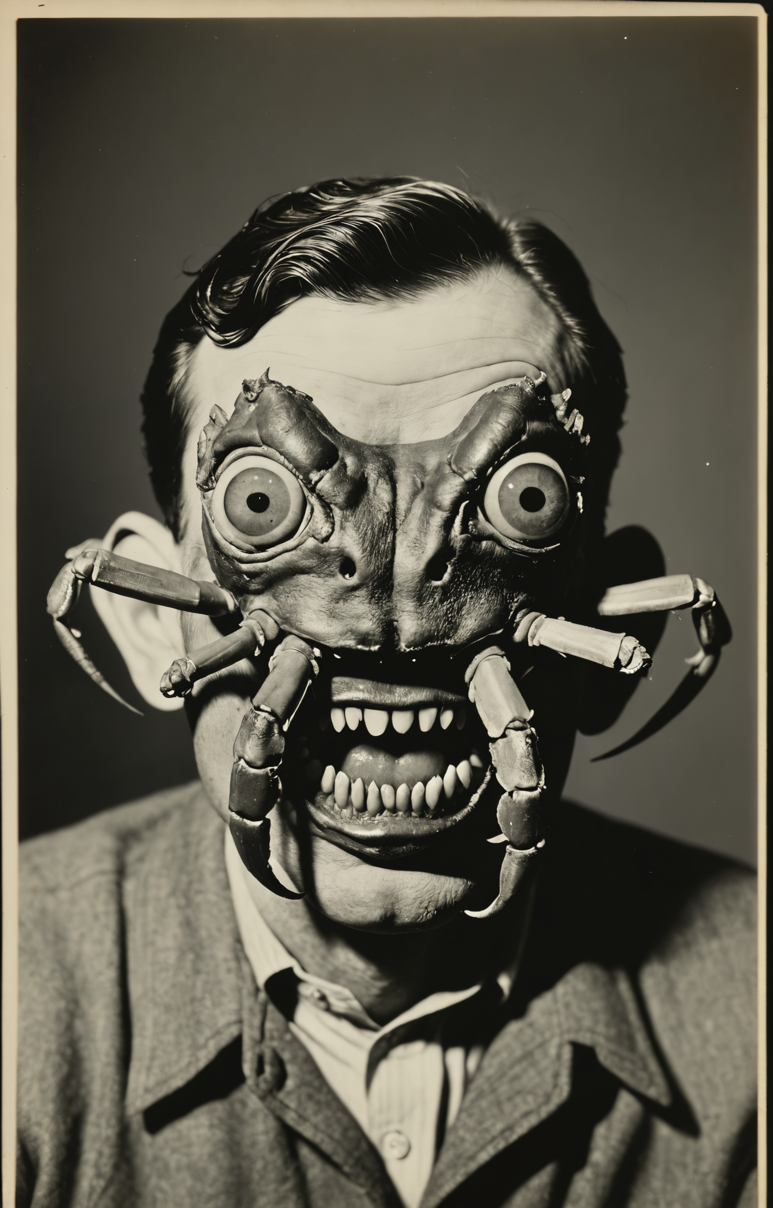 weegee photo,mutation,human with crab head face,  <lora:sdxl_photorealistic_slider_v1:1>