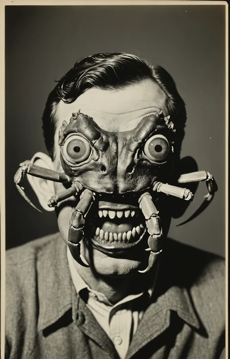 weegee photo,mutation,human with crab head face, <lora:sdxl_photorealistic_slider_v1:1>