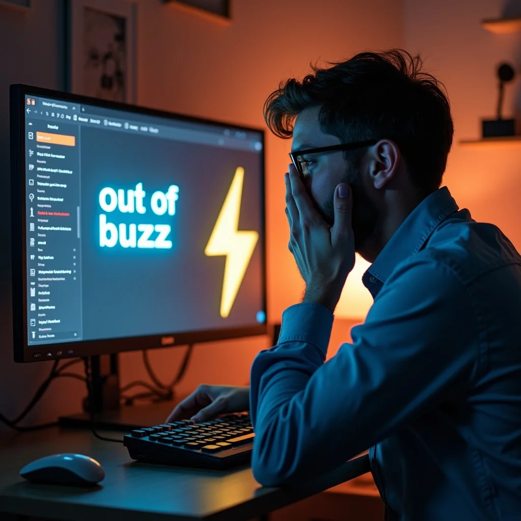 Man crying in front of his computer, the computer displays a message that I said: "out of buzz" next to a lightning bolt sign