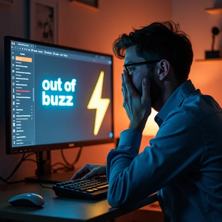 Man crying in front of his computer, the computer displays a message that I said: "out of buzz" next to a lightning bolt sign