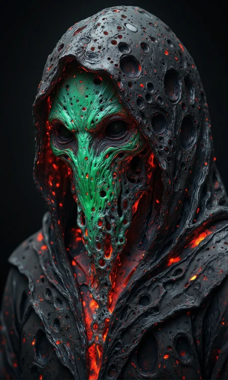 dark eldritch entity shrouded in a hooded cloak, its form shifting and twisting like living coral. The creature’s body is made of an organic, porous material, with countless holes forming eerie, unnatural patterns. Its face is obscured by the deep shadows of the hood, leaving only an unsettling void. The texture of its body is a mix of chitinous ridges and liquid-like structures, as if frozen mid-motion. The surface of the entity is primarily deep charcoal gray, but veins of glowing crimson and eerie green pulsate through its porous structure, casting an ominous light. The red glow seems to emanate like embers from within, while the green has a toxic, almost radioactive hue. The cloak is a muted black with faint streaks of crimson light reflecting off its edges, adding an otherworldly vibrancy to the darkness. The glowing elements create a ghostly contrast against the shadows, emphasizing its unnatural presence.