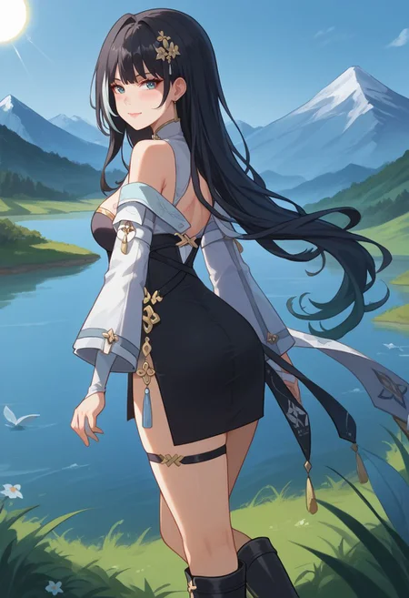 score_9, score_8_up, score_7_up, source_anime, 1girl, baizhidef, blue eyes, black hair, long hair, streaked hair, hair ornament, earrings, jewelry, bare shoulders, detached sleeves, long sleeves, black dress, cleavage cutout, white jacket, off shoulder, chinese clothes, thigh strap, boots, black footwear, standing, closed mouth, smile, blush, looking at viewer, outdoors, grass, lake, mountain in the background, sun, from behind, looking back, <lora:Baizhi_v1-000010:1>