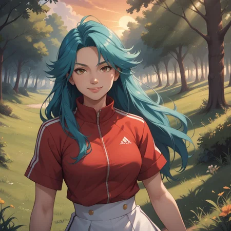 score_9, score_8, BREAK, katie(pokemon anime),woman,(long hair,turquoise hair,curtain bangs),(dark brown eyes,tsurime eyes),(red sporty shirt,short sleeved zipper shirt,white shoulder stripes),(long skirt,flat skirt,black skirt,red side stripe),(red sandals), sexy pose, self portrait, smile, outdoors, sunlight, shadows, evening lighting, natural lighting, forest, trees, grass, orange sky, sunset