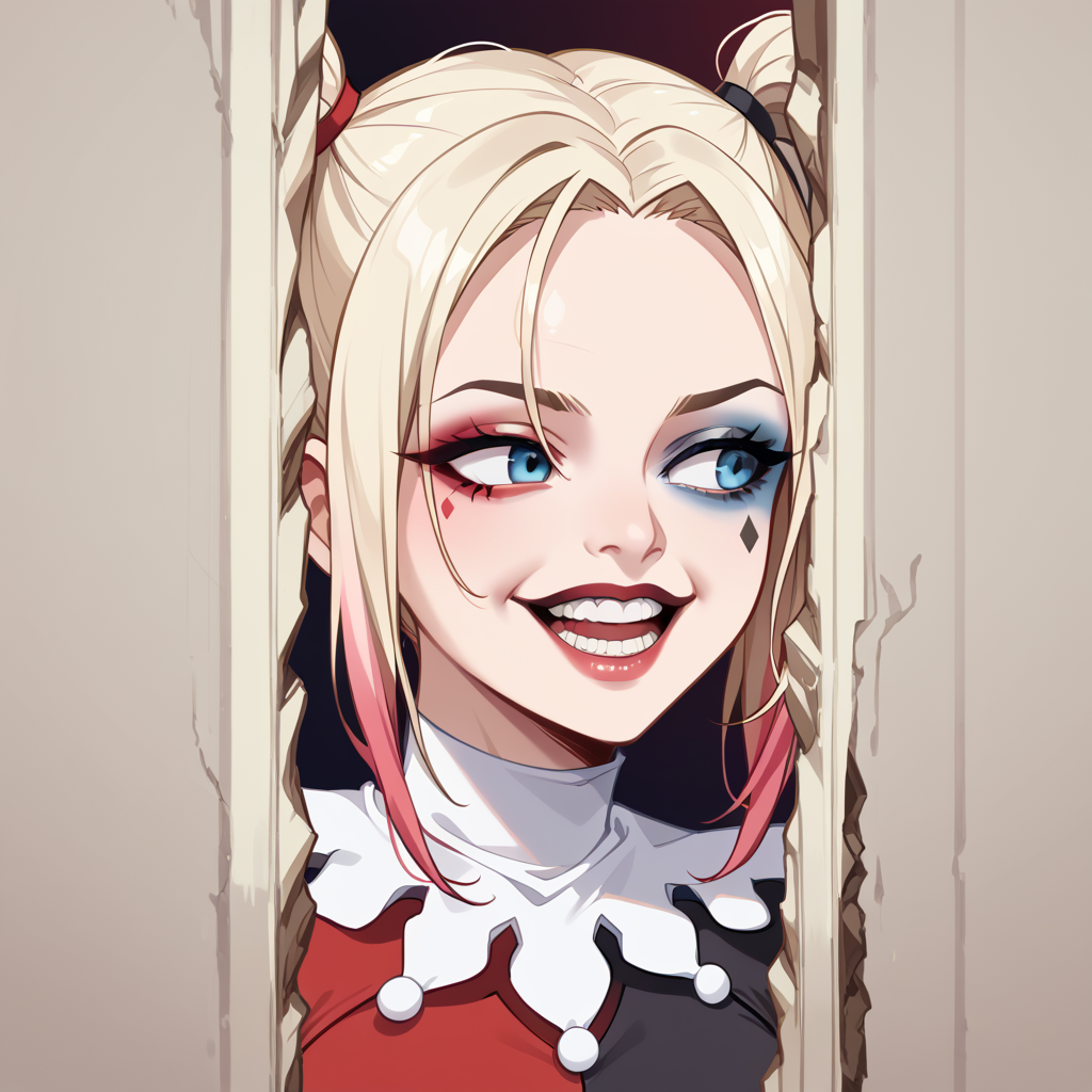 score_9, score_8_up, score_7_up, best quality, masterpiece, source_anime, zPDXL2, BREAK  , theshining, open mouth, smile, teeth, looking away, harley_quinn <lora:The_shining_meme:1.3>