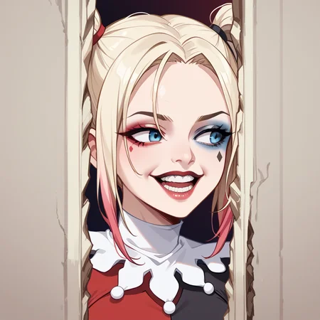 score_9, score_8_up, score_7_up, best quality, masterpiece, source_anime, zPDXL2, BREAK , theshining, open mouth, smile, teeth, looking away, harley_quinn <lora:The_shining_meme:1.3>