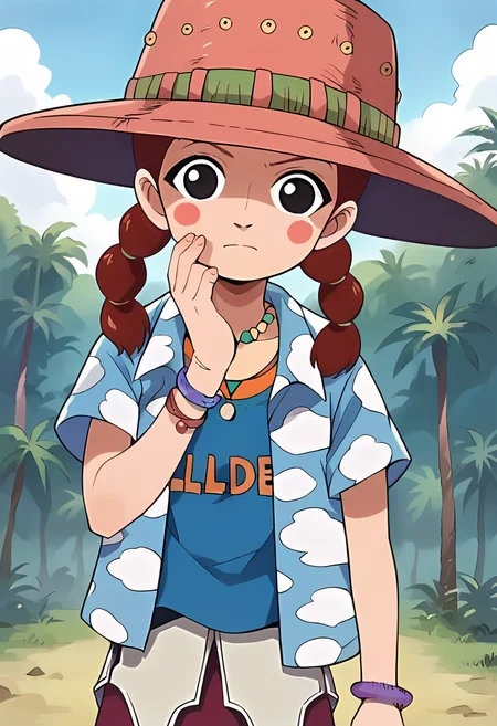 score_9, score_8_up, score_7_up, source_anime, masterpiece, 1girl, ctianmari, hat, striped pantyhose, hawaiian shirt, blue shirt, pink skirt, necklace, bracelet, looking at viewer, blush stickers, outdoors, <lora:MsGoldenweek_pony_ct:0.8>