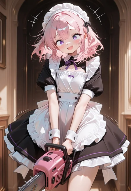 (masterwork, masterpiece, best quality, hyper-detailed, 8k uhd:1.4),
1girl, solo, CivChan, purple eyes, pink hair, medium hair, maid uniform, standing looking sweet, coy, smiling sweetly, dark background,
holding a chainsaw, motion line, motion blur,
masterpiece, extremely aesthetic, highly detailed, dynamic composition, vibrant colors, vivid colors, saturated,
<lora:LoraILXL10_YamiStyle_v1:0.8> <lora:CivChan:1>