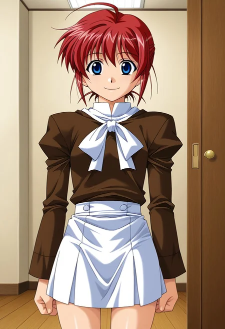 masterpiece, best quality, good quality, <lora:Hiroba_Mahiru_IS:1>HirobaMahiru, 1boy, solo, red hair, blue eyes, short hair, ahoge, flat chest,, 2000s \(style\),
long sleeve, white skirt, brown sleeve, smile, ribbon,
cowboy_Shot, room, flooring,