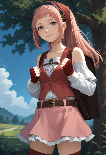 score_9, score_8_up, score_7_up, source_anime BREAK 1girl, solo, <lora:felicia-fe-richy-v2_pdxl:1> flcpcnc, blue eyes, pink hair, long hair, ponytail, blunt bangs, bandana, breasts, white bow, red vest, detached sleeves, long sleeves, white sleeves, bare shoulders, fingerless gloves, red gloves, belt, pink skirt, red thighhighs, outdoors, blue sky, looking at viewer, standing, backpack, clenched hand, smile, closed mouth