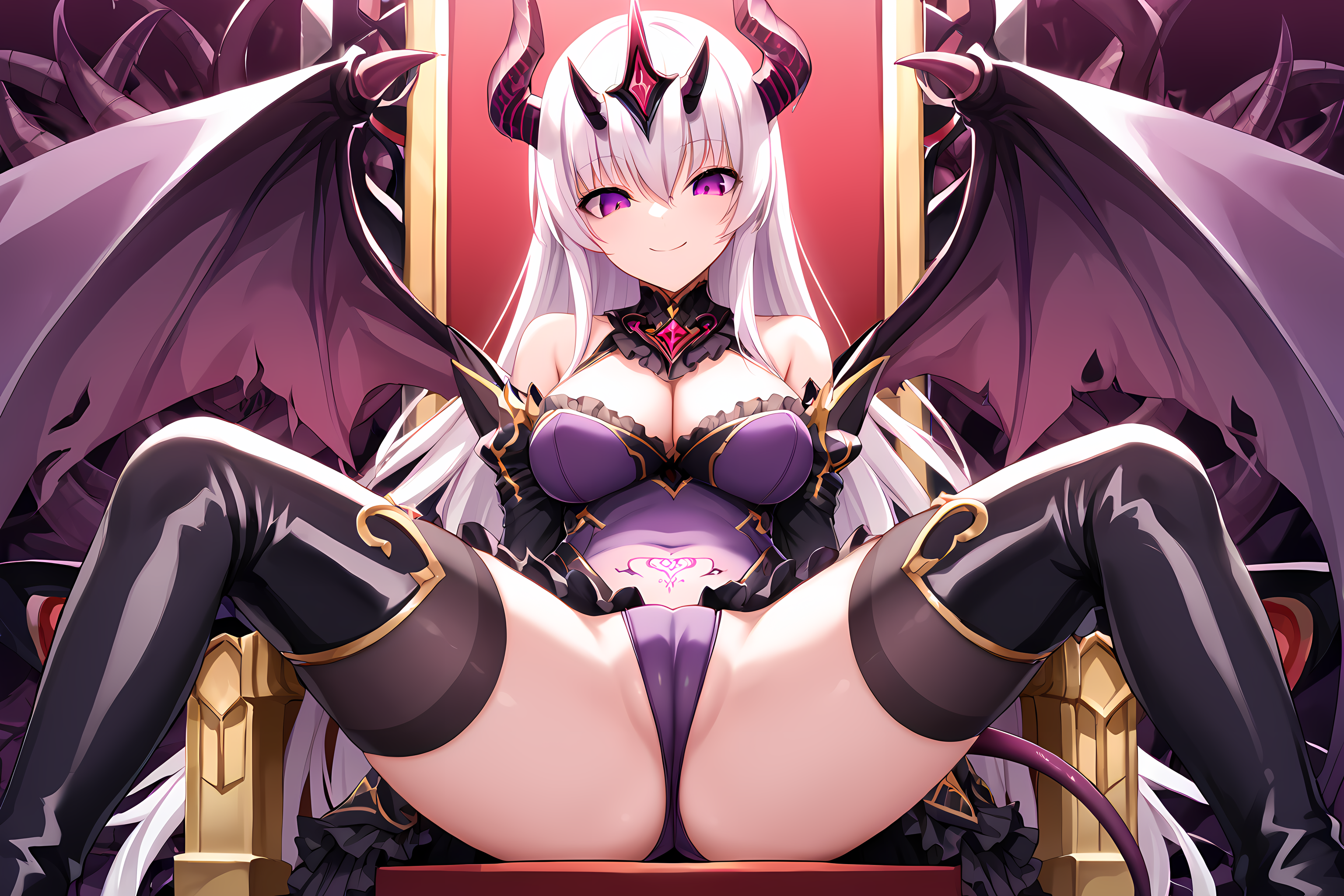 <lora:EXSTIA-Chevalier-000006:1>,(darkprincess:1.4),purple eyes,white hair,corruption,1girl,frilled skirt,breasts,solo,purple leotard,black leotard,purple skirt,black skirt,frills,horns,long hair,thighhighs,tail,wings,dark persona,looking at viewer,red eyes,cleavage,tattoo,white background,boots,bare shoulders,large breasts,corruption,thigh boots,hair between eyes,ass visible through thighs,smile,covered navel,simple background,bangs,highleg leotard,pubic tattoo,evil smile,pubic tattoo through clothing,pubic tattoo,close-up,sitting,throne,castle,horror \(theme\),, score_9, score_8_up, score_7_up,source_anime,(masterpiece),(best quality),(ultra-detailed),(best illustration),(best shadow),(absurdres),(detailed background),(very aesthetic),