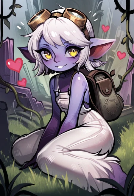 d0p4style, masterpiece, best quality, solo, tristana\(league_of_legends\), white hair, ultra detailed yellow eyes, white overalls, purple skin, love hearts, backpack, goggles, seated on grass, silly expression, fantasy kingdom background, ruins, vines,