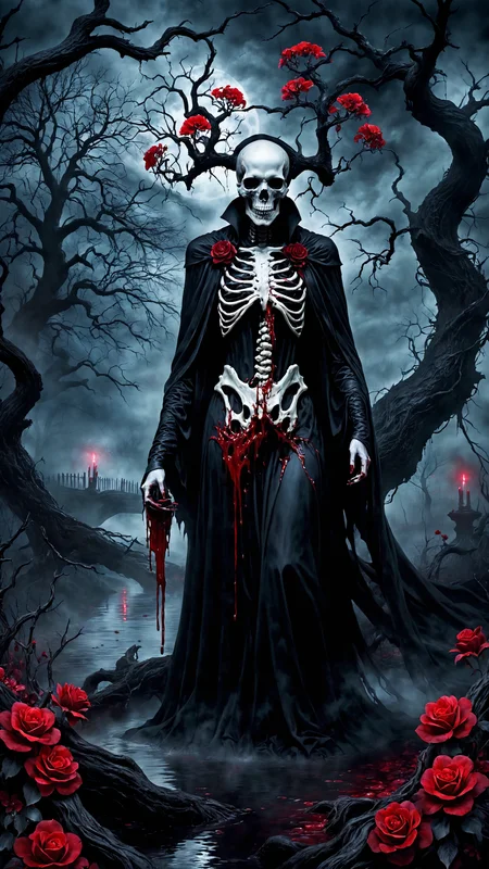 Horror theme, dark and eerie atmosphere, hyperrealistic, bloody stream, ominous tree with twisted branches, skulls scattered around the base, vibrant red flowers, ethereal lighting, glowing moon in the background, dramatic shadows, intricate details, haunting ambiance, realistic textures, misty fog, unsettling and creepy, gothic elements, red and black color palette, ultra-quality, foreboding scene, sinister mood, ethereal glow, detailed background, magical elements, mysterious and terrifying, lifelike depiction, horror setting, gloomy sky, surreal and nightmarish, ghostly presence
