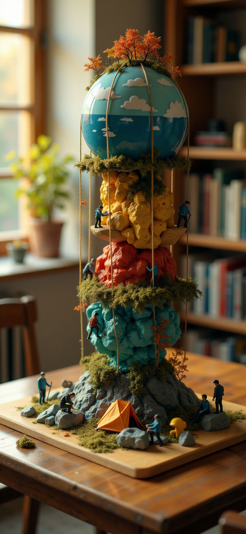 (indoors,indoor,isometric view,side view,tilt-shift lens:2), (fna_style,miniature,miniature,diorama,miniature,diorama,PVC,plastic:2),sunset,autumn giant (multi layers of shore camp site sphere vertical:2.5)  is located center, people are climbing with ropes, (in wooden square plate:3) (on table at study:3) <lora:Fantasy_Novel_Art_Style:1> <lora:Rostpunk:0.3>