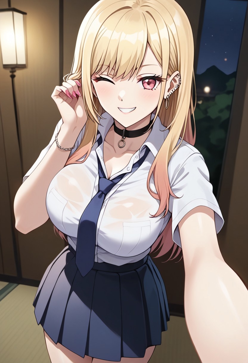 score_9,score_8_up,score_7_up,score_6_up,blurry, blurry background,kitagawa_marin, sono_bisque_doll_wa_koi_wo_suru, 1girl, blonde_hair, red_eyes,traditional night Japanese room, , pink nails, nail polish, fingernails, jewelry, earrings, ear piercing, necklace, choker, barbell piercing, bracelet, Marin school uniform outfit, blue necktie, shirt, school uniform, skirt, white shirt, tied shirt, blue skirt, pleated skirt, collared shirt, cowboy shot, 
selfie, breasts, large breasts, smirk, looking at viewer,wink, one hand grabbing hair,detailed hand, 5 fingers
